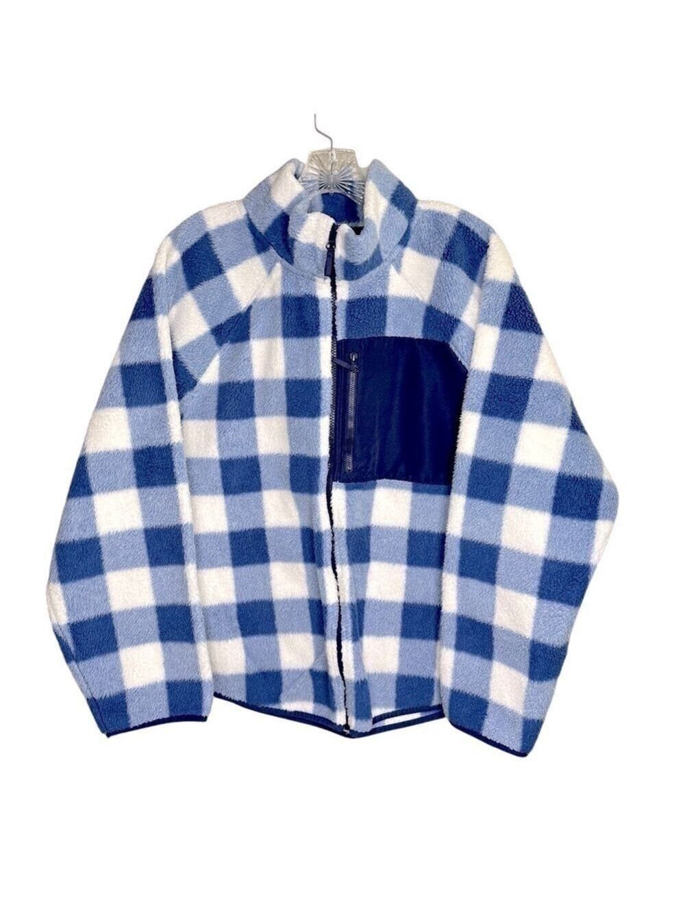 J. Crew Gingham Blue & White Sherpa Fleece Full Zip Jacket Womens Size XL